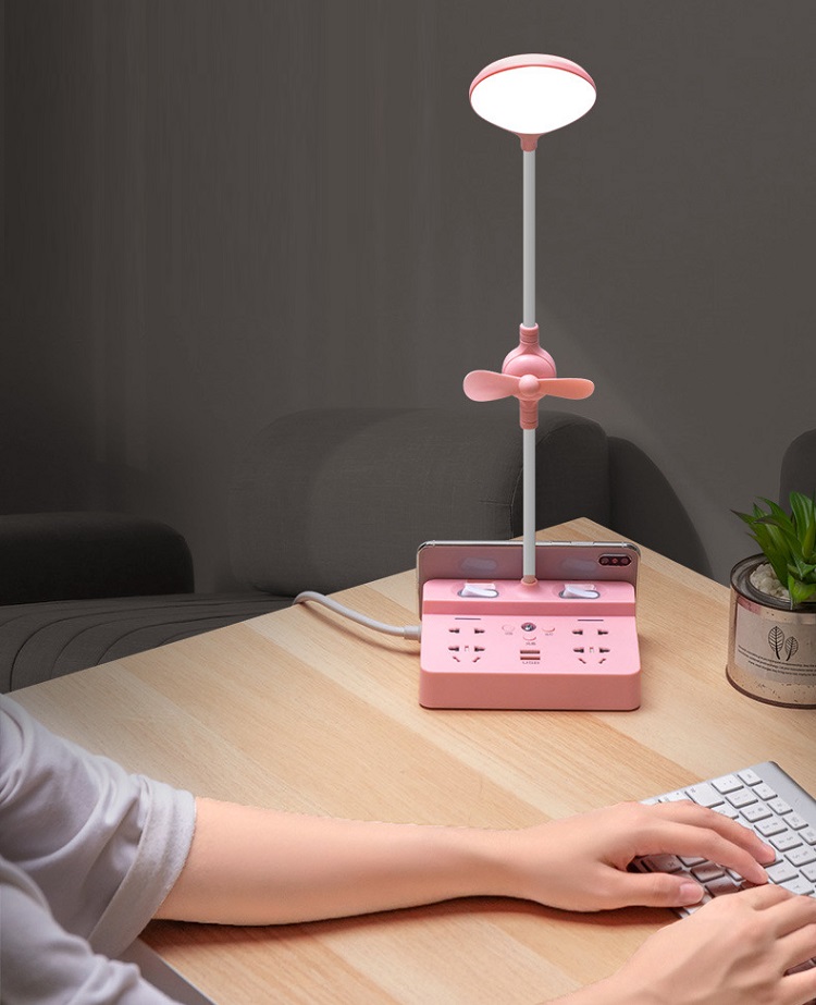 Đèn Led Đặt Bàn Kiêm Ổ Cắm Và Cổng USB Có Tích Hợp Quạt Mát Tiện Dụng