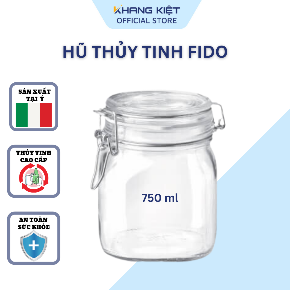 Hũ thủy tinh nắp cài Bormioli Rocco Fido 750ml, nắp có ron kín hơi, đựng ngũ cốc, các loại đậu, đường, bột, cafe, các loại bánh kẹo