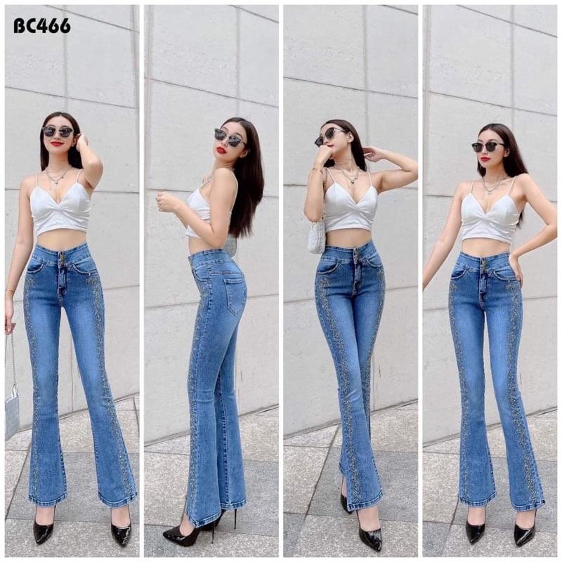 Quần jeans Nữ Ống Loe Dài Thêu Và Đính Đa Dọc 2 Bên