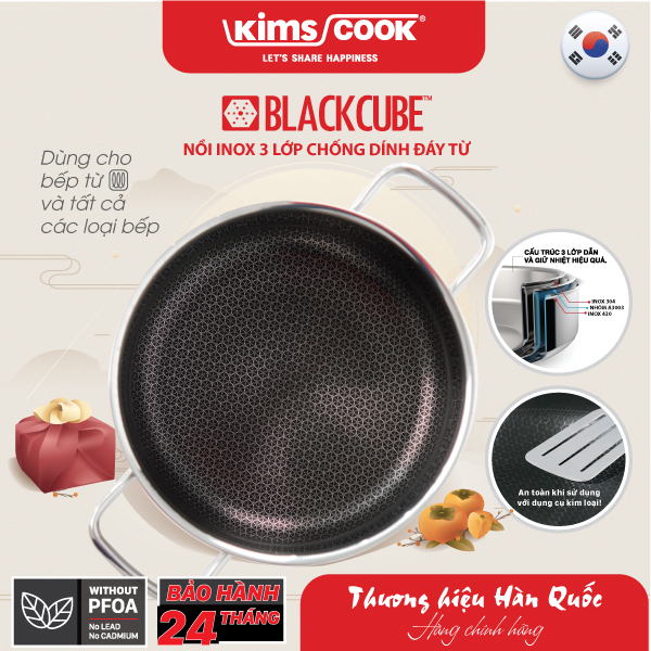 Nồi KIMS COOK Black Cube inox 3 lớp nắp kính chống dính