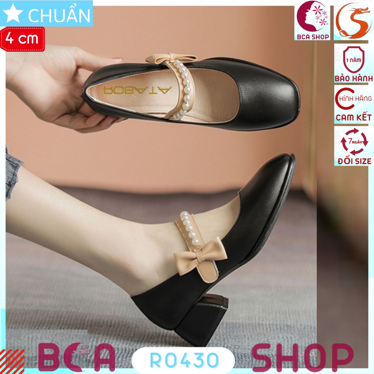 Giày cao gót nữ màu đen 4p RO430 ROSATA tại BCASHOP kiểu dáng công chúa với quai ngang đính ngọc tr.ai và nhấn nơ