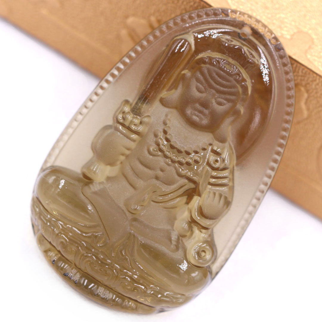 Mặt Phật Bất động minh vương đá obsidian 3.6 cm kèm móc và vòng cổ dây cao su đen, Mặt Phật bản mệnh