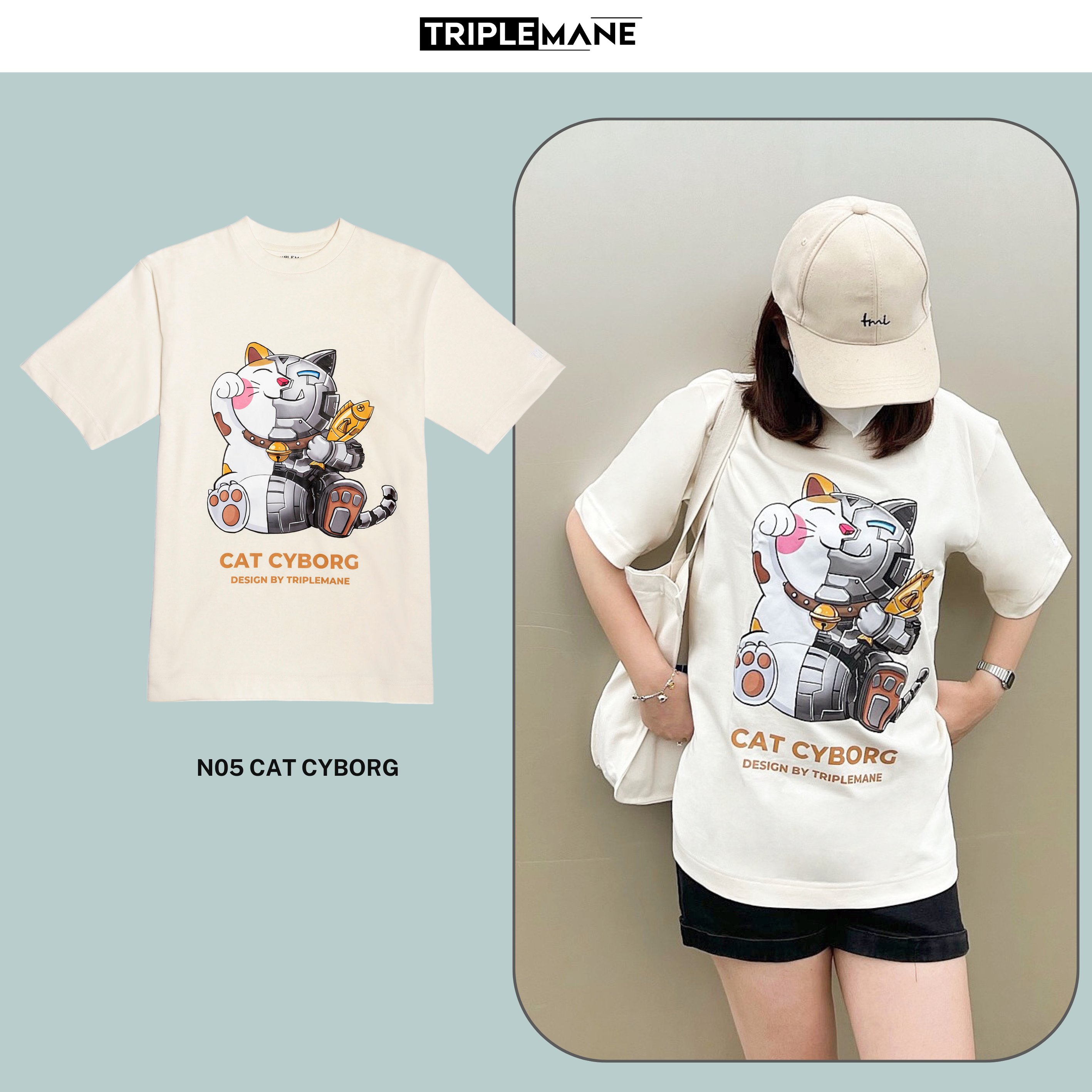 Áo thun cộc tay nam nữ Unisex N05 Cat cyborg / Cream- vải 100% Cotton Premium thoáng mát không bai xù, co giãn 2 chiều, định lượng lên đến 260gsm