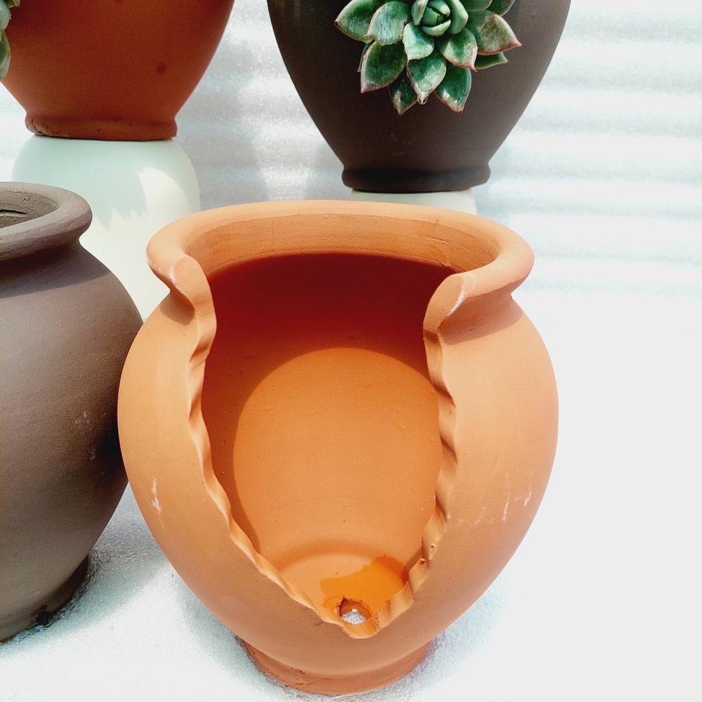 Chậu đất nung Bình Dương - Chum cao cắt vân mây, miệng chậu 14cm, chiều cao 20cm