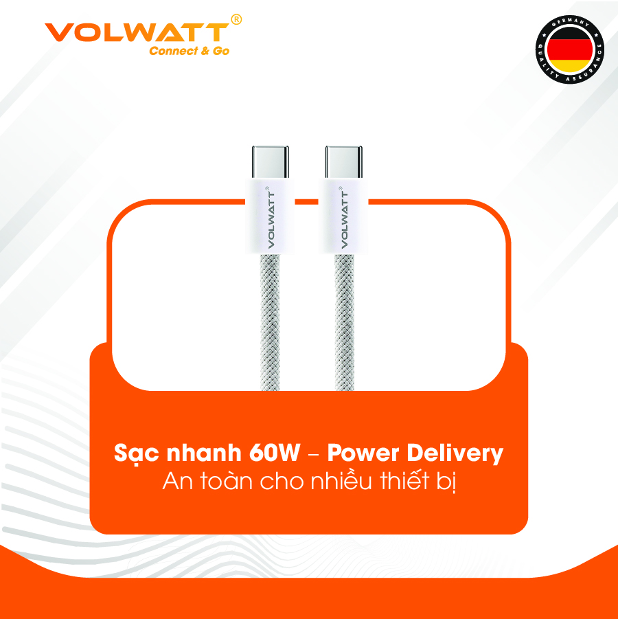 Cáp sạc nhanh 60W Volwatt GE-038-CC hàng chính hãng| Cáp Type-C to Type-C PD, truyền dữ liệu 480Mbps, 1m – BH 12 tháng