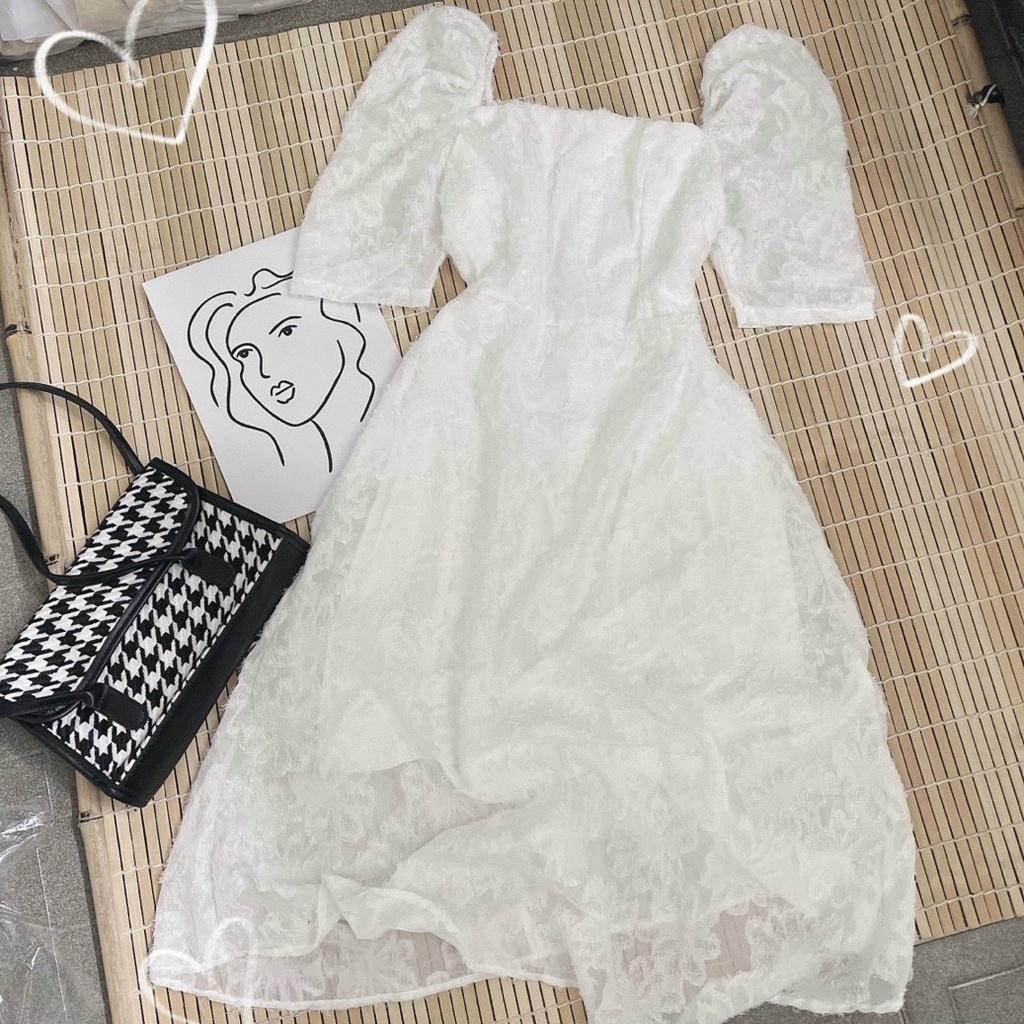Đầm midi trắng 2 lớp tay phồng cổ vuông cao cấp