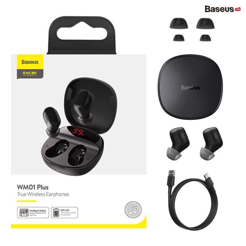 Tai nghe không dây TWS Baseus Encok True Wireless Earphones WM01 Plus (Bluetooth 5.0, Stereo Earbuds, Touch Control, Noise Cancelli)Hàng nhập khẩu .Giao màu ngẫu nhiên