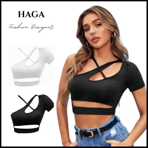 Áo lệch vai khoét eo dây chéo HAGA áo croptop một tay sexy MTDC48