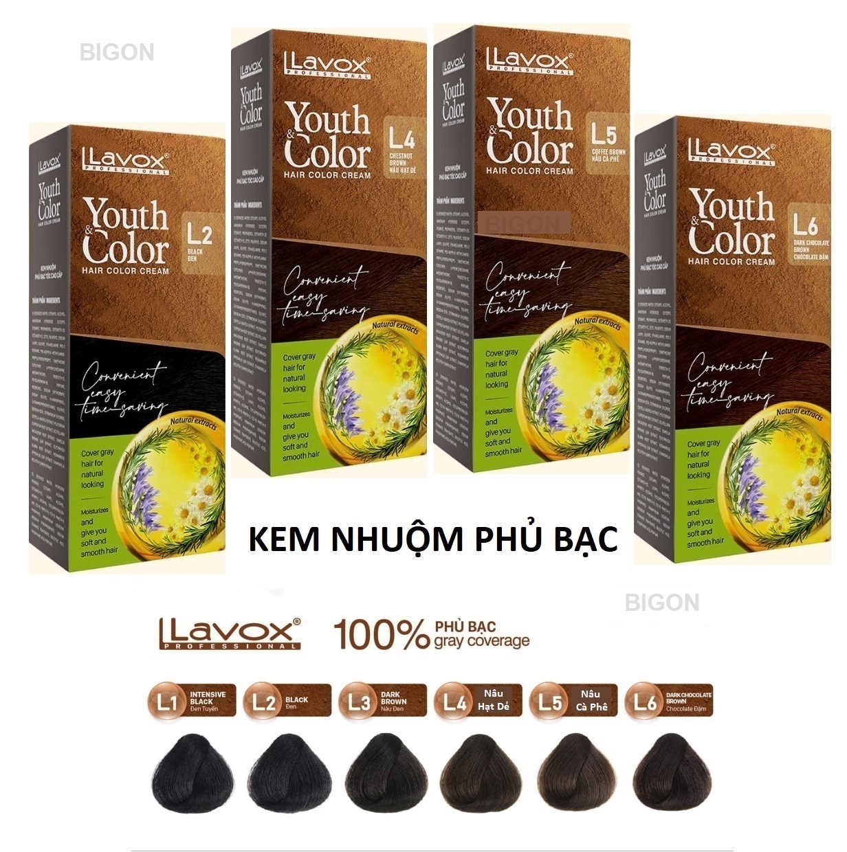 Nâu Cà Phê(Nâu Sáng L5) - Kem Nhuộm Dưỡng Tóc Phủ Bạc Lavox Youth&amp;Color L5 - Màu Nâu Cà Phê (Mẫu Cũ Nâu Sáng)
