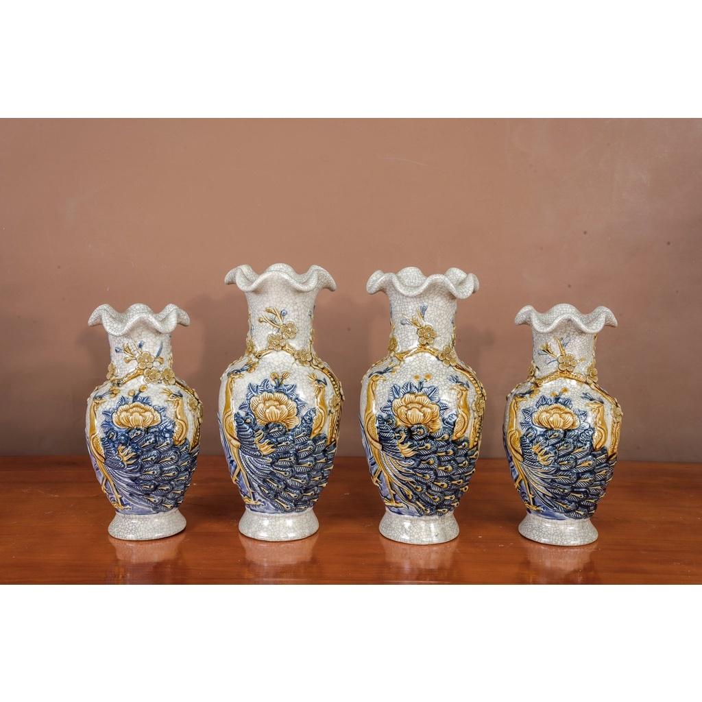 Bộ đồ cúng - Lọ hoa cổ lượn sóng 24 - Men rạn đắp nổi - Gốm sứ Bát Tràng - Làng Gốm