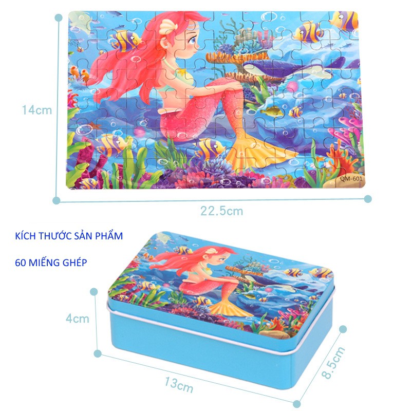 Xếp hình gỗ Puzzle 60 mảnh có hộp thiếc mẫu ngẫu nhiên - Đồ chơi phát triển trí tuệ, đồ chơi gỗ