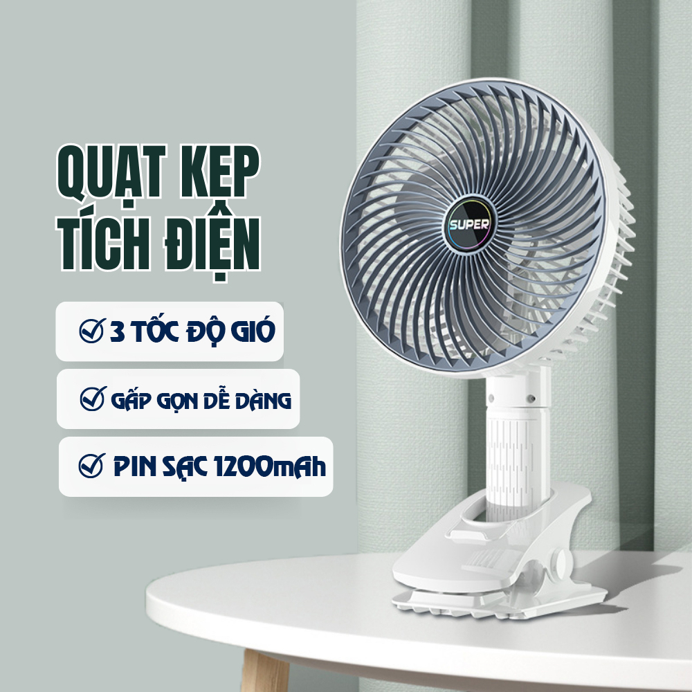 Quạt Kẹp Bàn Tích Điện SUPER Tiện Dụng 3 Cấp Độ Gió Quạt Tích Điện Để Bàn Siêu Mát Có