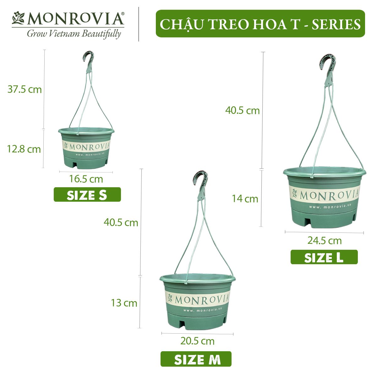 3 Chậu treo trồng cây MONROVIA Size S, Dòng T-series, chậu nhựa treo trang trí, trồng cây cảnh ban công, chậu trồng hoa, thiết kế tinh tế, thoát nước tốt, nhựa cao cấp PP, nhập khẩu, tiêu chuẩn Châu Âu