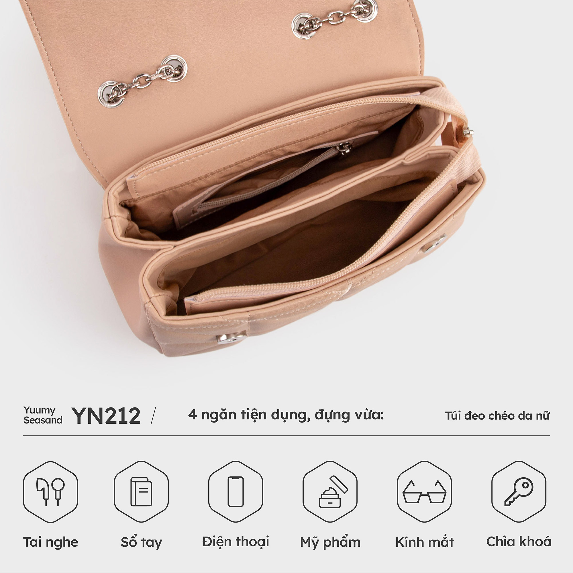 Túi Yuumy ( Thời trang nữ dây đeo phối xích cá tính size 23 - Túi đeo chéo da Seasand YN212 )