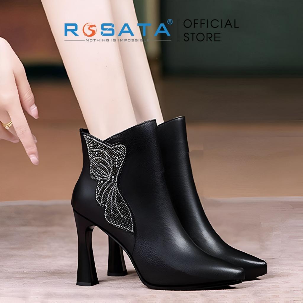 Giày boot nữ ROSATA RO606 cổ cao mũi nhọn họa tiết thời trang khóa kéo êm chân cao gót 8 phân xuất xứ Việt Nam - ĐEN