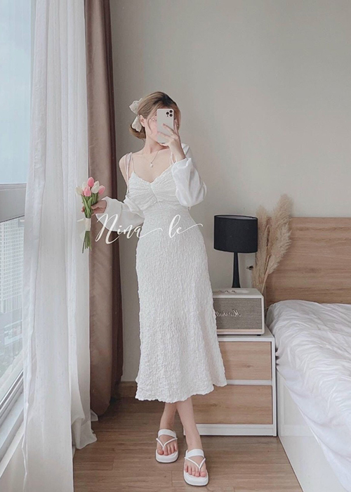 Set Áo Khoác Kèm Đầm Xốp 2 Dây 2 Lớp Thời Trang