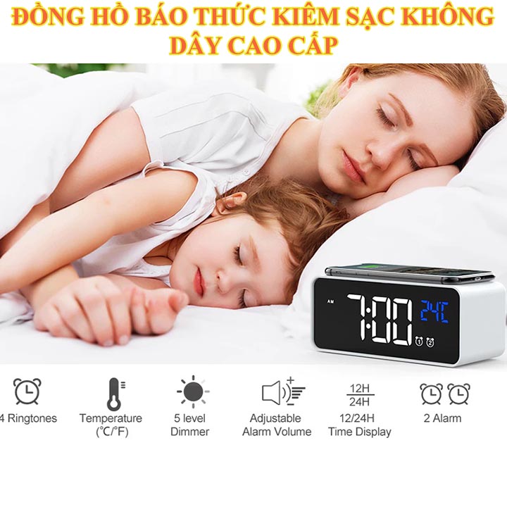 Đồng Hồ Báo Thức Điện Tử Kiêm Sạc Không Dây Cao Cấp