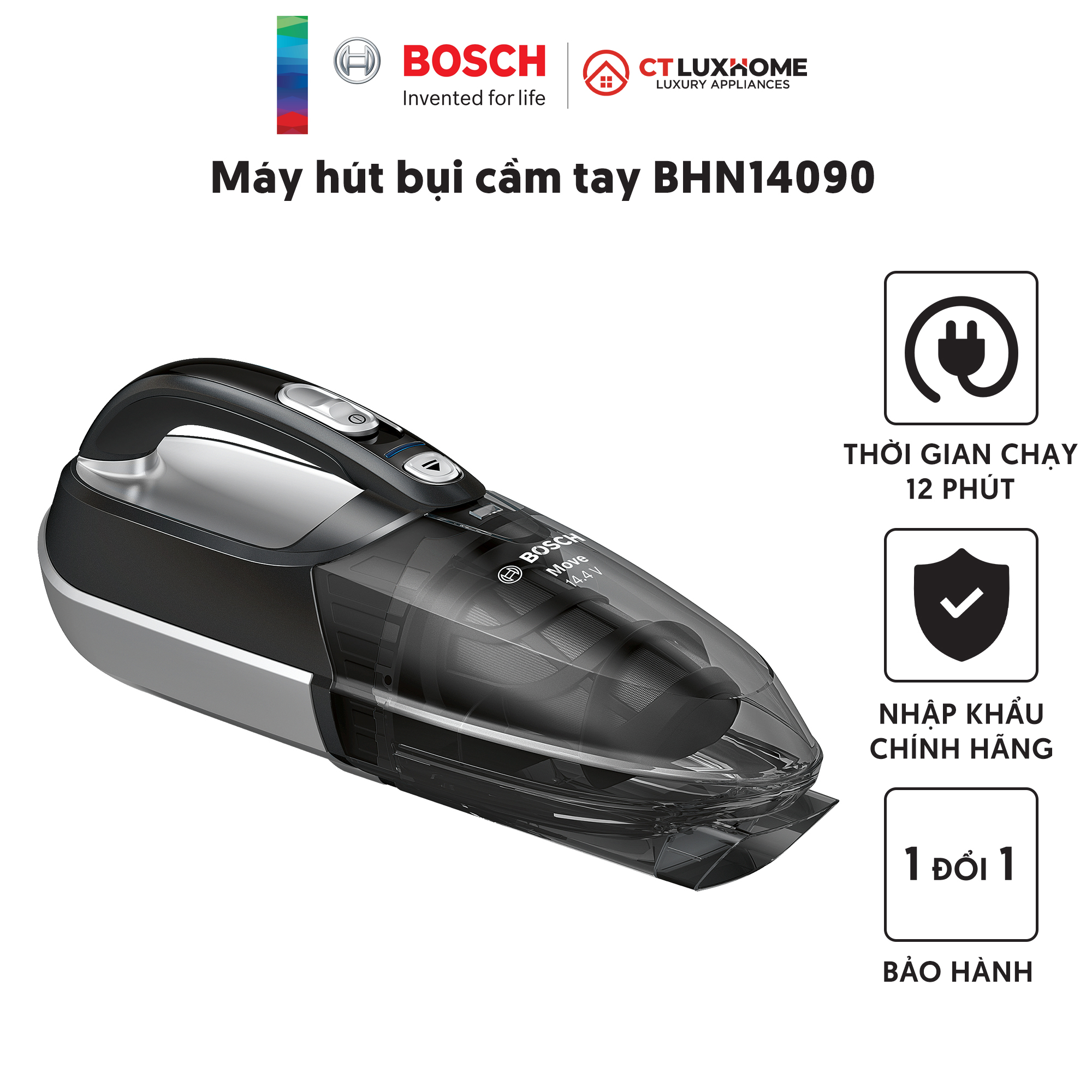 Máy hút bụi cầm tay mini không dây Bosch BHN14090 Hút liên tục 12 phút, Pin NiMH [Hàng chính hãng]