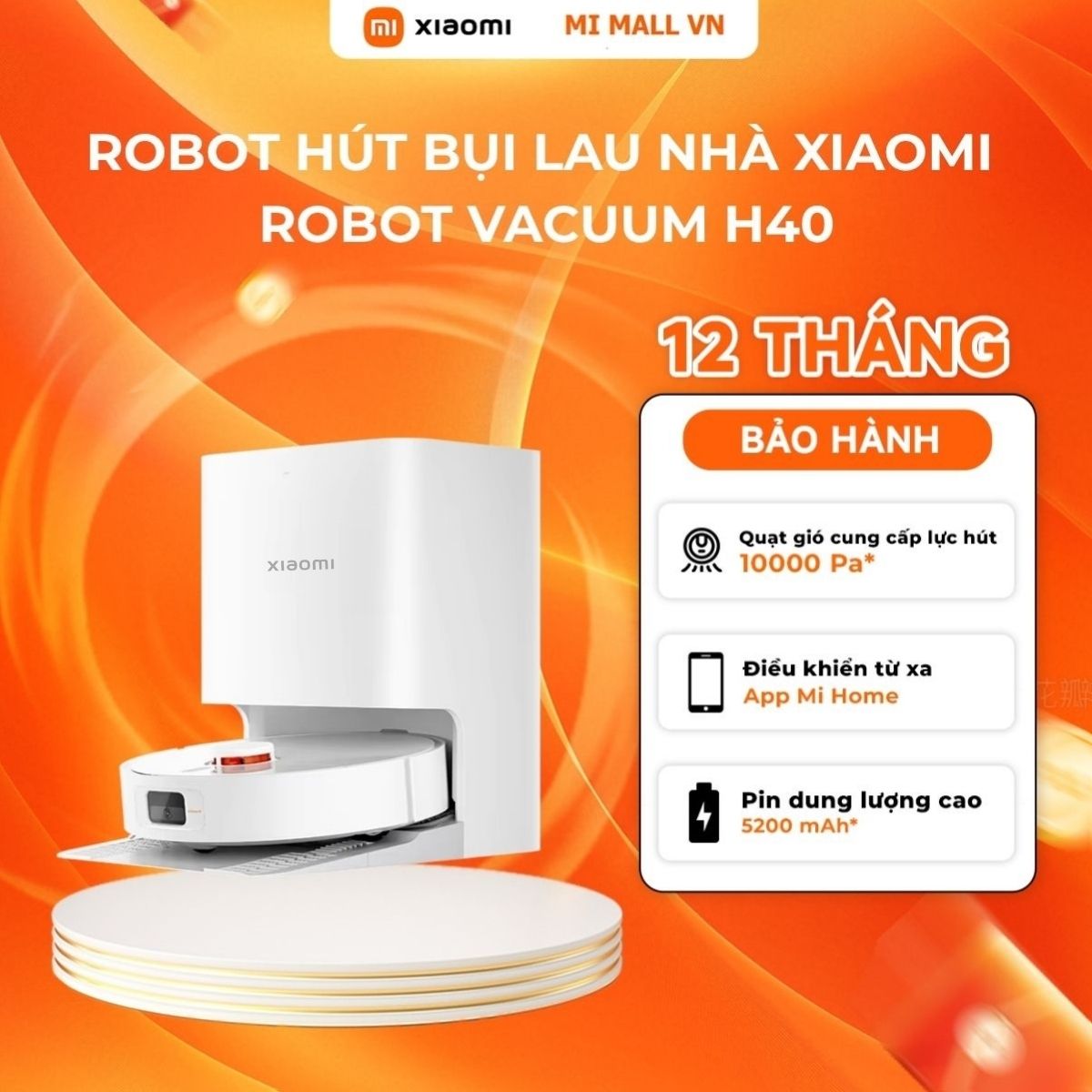 Robot Hút Bụi Lau Nhà Xiaomi Robot Vacuum H40 - Lực Hút Mạnh 10000Pa - Giặt và sấy giẻ tự động - Bảo Hành 12 tháng