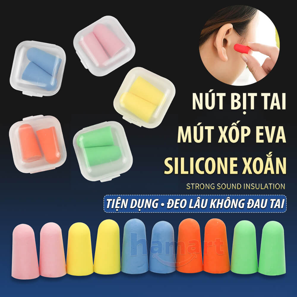 Hộp 2 Nút Bịt Tai Chống Nước Giảm Tiếng Ồn Đa Sắc Có Hộp Nhựa Tái Sử Dụng Lâu Dài Tiện Lợi