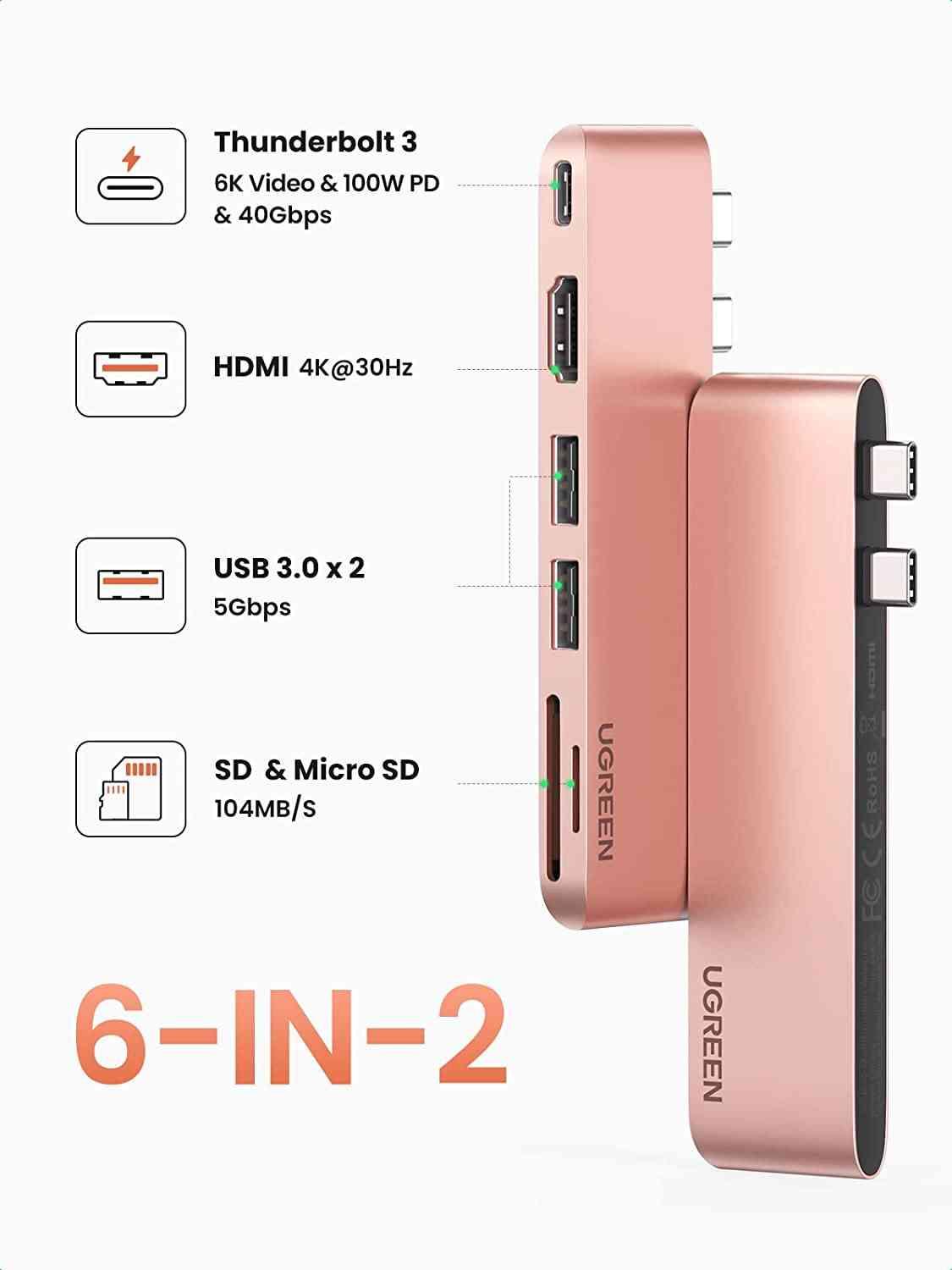 Ugreen UG90288CM380TK Màu Hồng Gold Hub chuyển đổi USB-C MacBook Air M1 2020 2019 2018 sang HDMI 4k + USB-C PD 100W + SD/TF + 2*USB 3.0 - HÀNG CHÍNH HÃNG