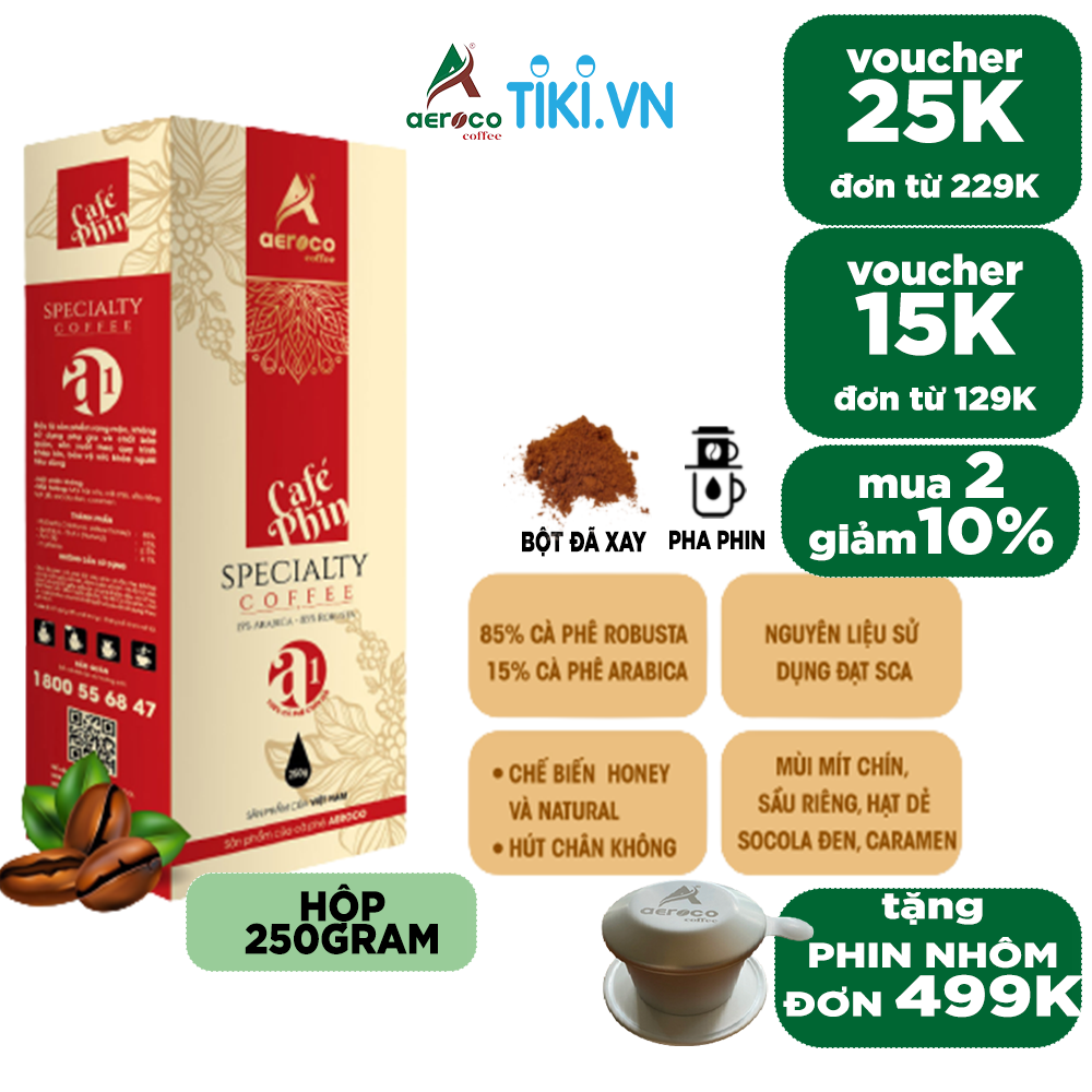 Đặc Sản Buôn Mê Thuột - Cà Phê Đặc Sản Aeroco A1, Hộp 250G, Pha Phin, Nguyên Chất 100% Rang Mộc Hậu Vị Ngọt Thơm Quyến Rũ