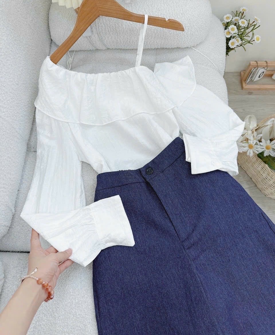 SET ÁO DÂY TRỄ VAI SƠ MI BÈO RỘNG TRẮNG + QUẦN DÀI ỐNG RỘNG LƯNG CAO SUÔNG ĐỨNG JEANS ĐI CHƠI DẠO PHỐ ĐI TIỆC ĐI BIỂN