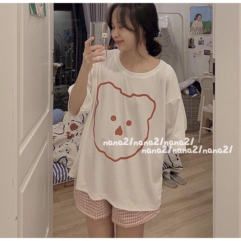 Bộ Ngủ Nữ Cộc Hình Gấu Set Áo Quần Cộc Cúc Cài Họa Tiết In 2 Màu