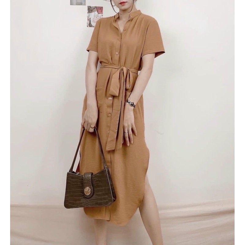 Đầm bầu sơ mi công sở tà bầu cột eo, Váy đầm form gọn cho mẹ mặc trước và sau sinh