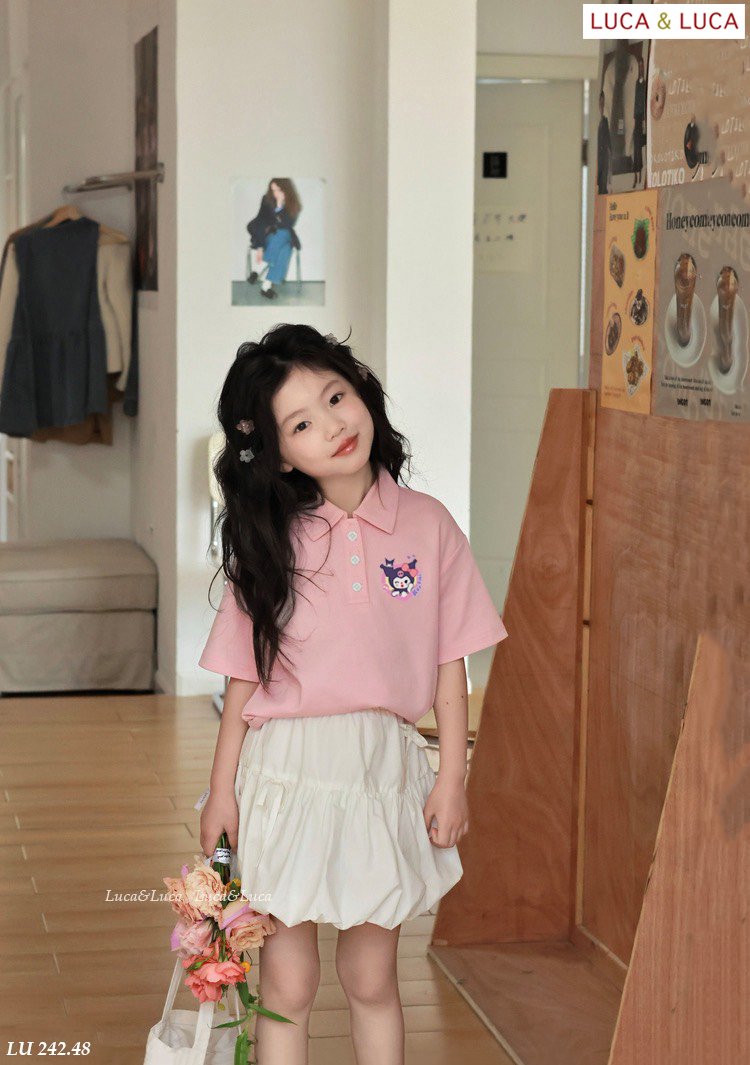 [Từ 1 đến 12 tuổi] Sét áo polo cotton hồng in  mix chân váy boom chất cotton bé gái đến 45kg