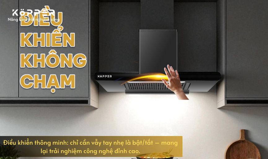 Kopper Hút Mùi Thông Minh Model KP-T22 Hút Khỏe Có Sấy Dầu Tự Động Quạt Li Tâm Cánh Thép Động Cơ Đồng Màn Hình Cảm Ứng Tiếng Ồn < 50 dB KP-T22 Hàng Chính Hãng