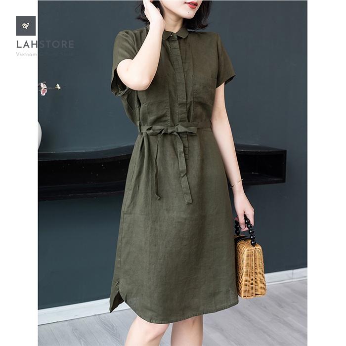 Đầm suông linen cổ đức bổ trụ 2 túi ốp ngực LAHSTORE phong cách Hàn Quốc
