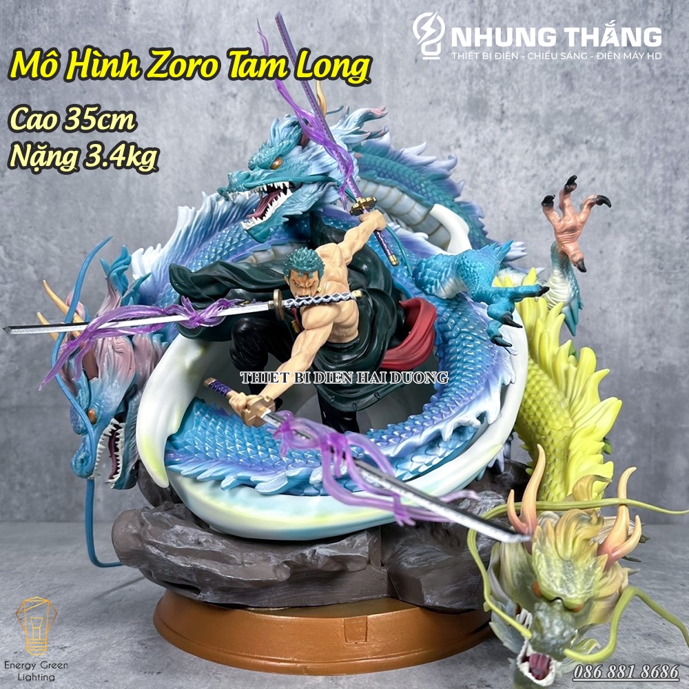 Mô Hình One Pice Zoro Tam Long Siêu Chất OP-002 - Cao 35cm - 2 Đầu Thay Thế - 3 Kiếm Hiệu Ứng - CÓ VIDEO