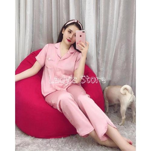 Đồ Bộ Pijama Lụa Mặc Nhà Viền Bèo Tay Cộc Phối Quần Dài