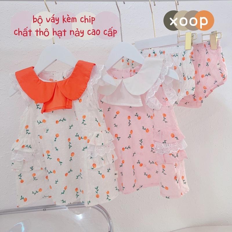 Bộ chip quả cam chất thô hạt nảy phối ren hông cho bé gái(8-18kg)