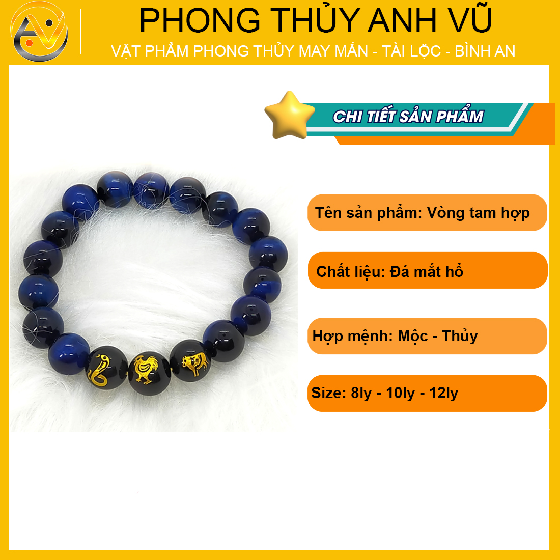 Vòng tay phong thủy mệnh mộc tỵ dậu sửu đã khai quang - chất liệu đá mắt hổ xanh dương - may mắn tài lộc - Vòng Tam Hợp Anh Vũ