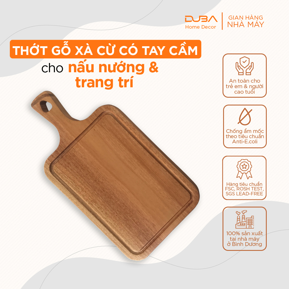 Thớt gỗ xà cừ có tay cầm, khay gỗ decor, thớt gỗ chữ nhật có rãnh màu tự nhiên chuẩn xuất khẩu - DUBA