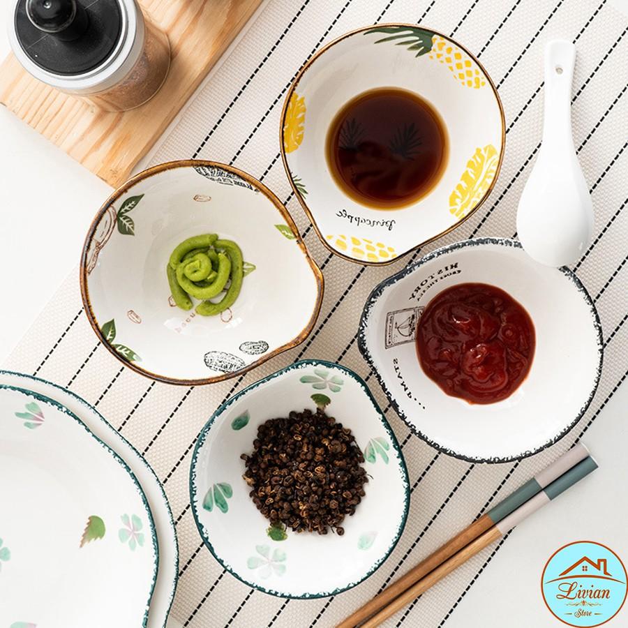 Bát gia vị ,bát ăn dặm bằng sứ có tay cầm họa tiết củ lạc, dứa, Stamp và hình lá xanh- KÈM ẢNH THẬT-HÀNG CÓ SẴN