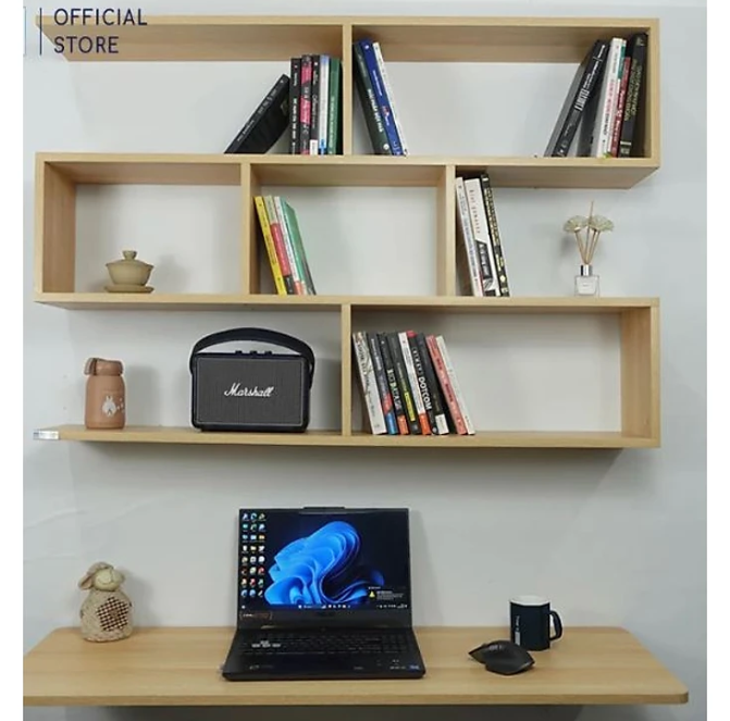 Combo Kệ Sách Và Bàn Làm Việc Gấp Gọn Treo Tường, Màu Vân Gỗ Tundo CTBST20 KT 120 x 82 x 20cm