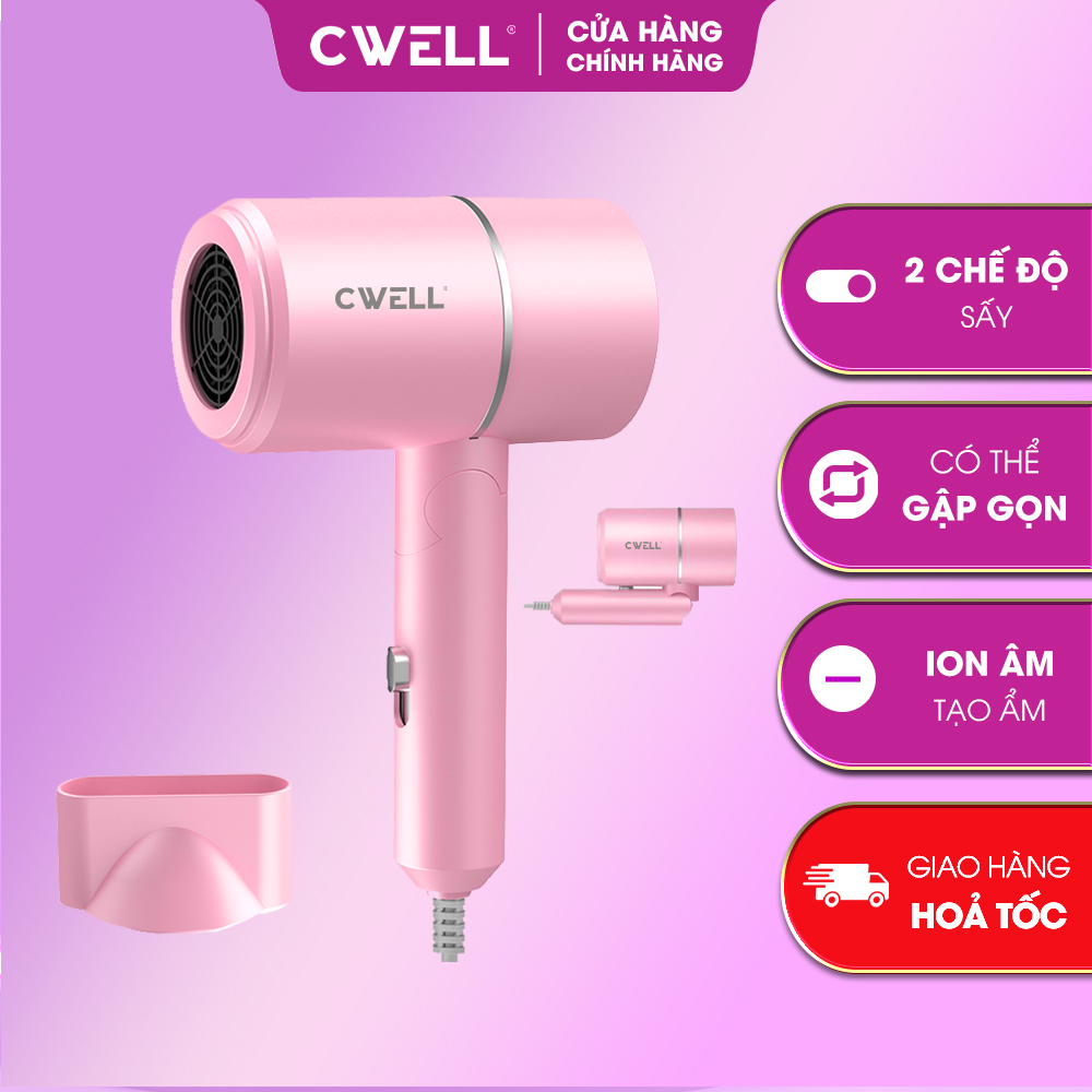 Máy sấy tóc mini CWELL gập gọn 2 chiều nóng lạnh, công nghệ ion âm hạn chế hư tổn, công suất 1200W C01HD