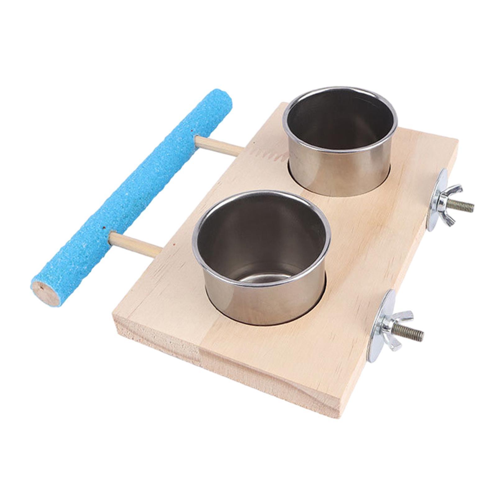 Parrot Cage Feeder Bird Wooden Stand Stainless Steel Cups Bird Cage Feeder Bowl Parrot Food and Water Bowls for Small Animal Budgie