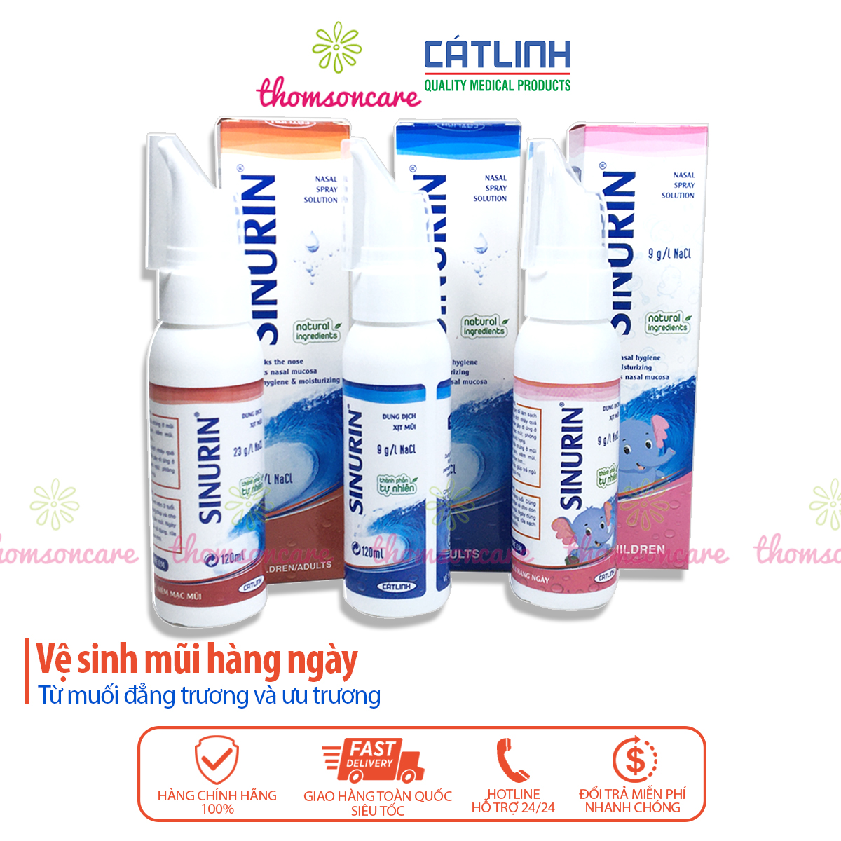 Xịt Sinurin của Dược Cát Linh - Từ nước muối biển ưu trương, đẳng trương, cho bé từ 3 tháng và người lớn - Lọ 120ml