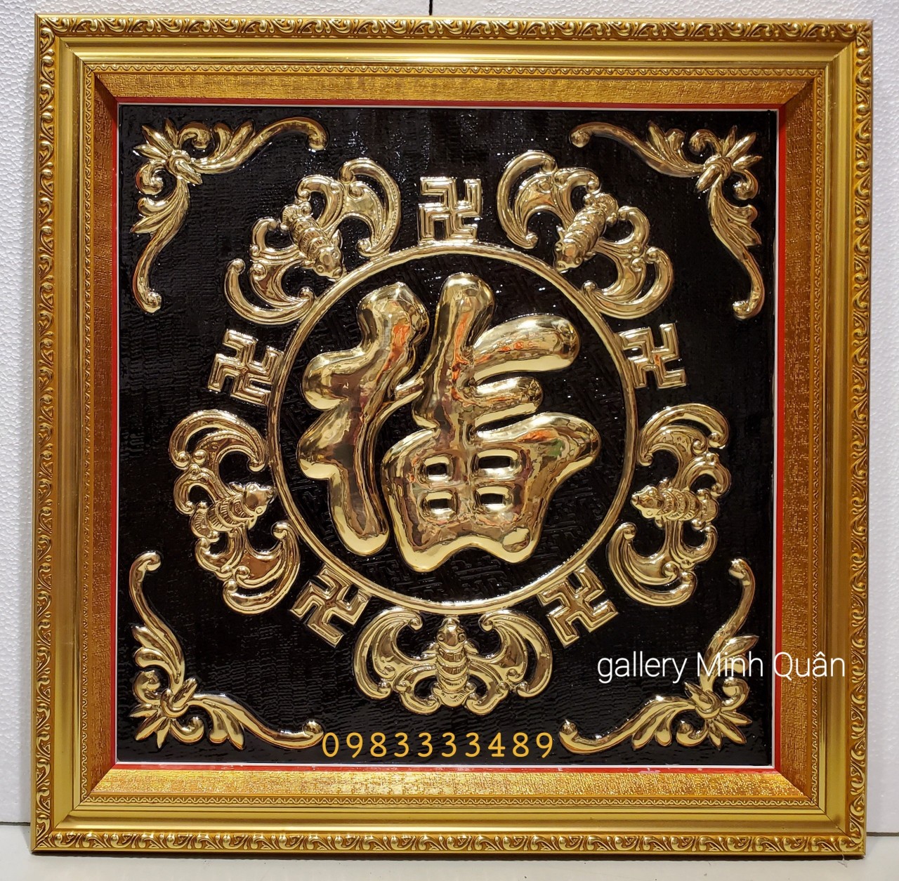 Tranh treo phong thủy chữ Ngũ Phúc Lâm Môn -Chữ Phúc hình dơi ( đồng vàng liền tấm nguyên chất) A214D