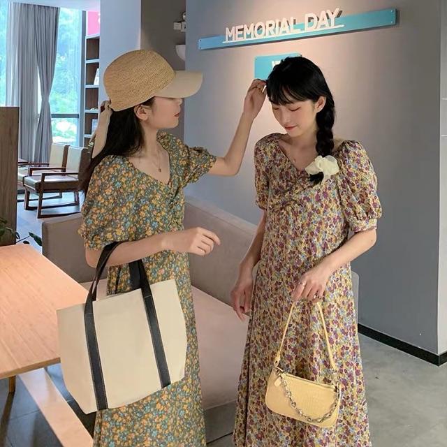 Váy hoa nhí sắc màu tay bồng nhún ngực dáng dài Ulzzang style  VKE9033 Hàng Quảng Châu