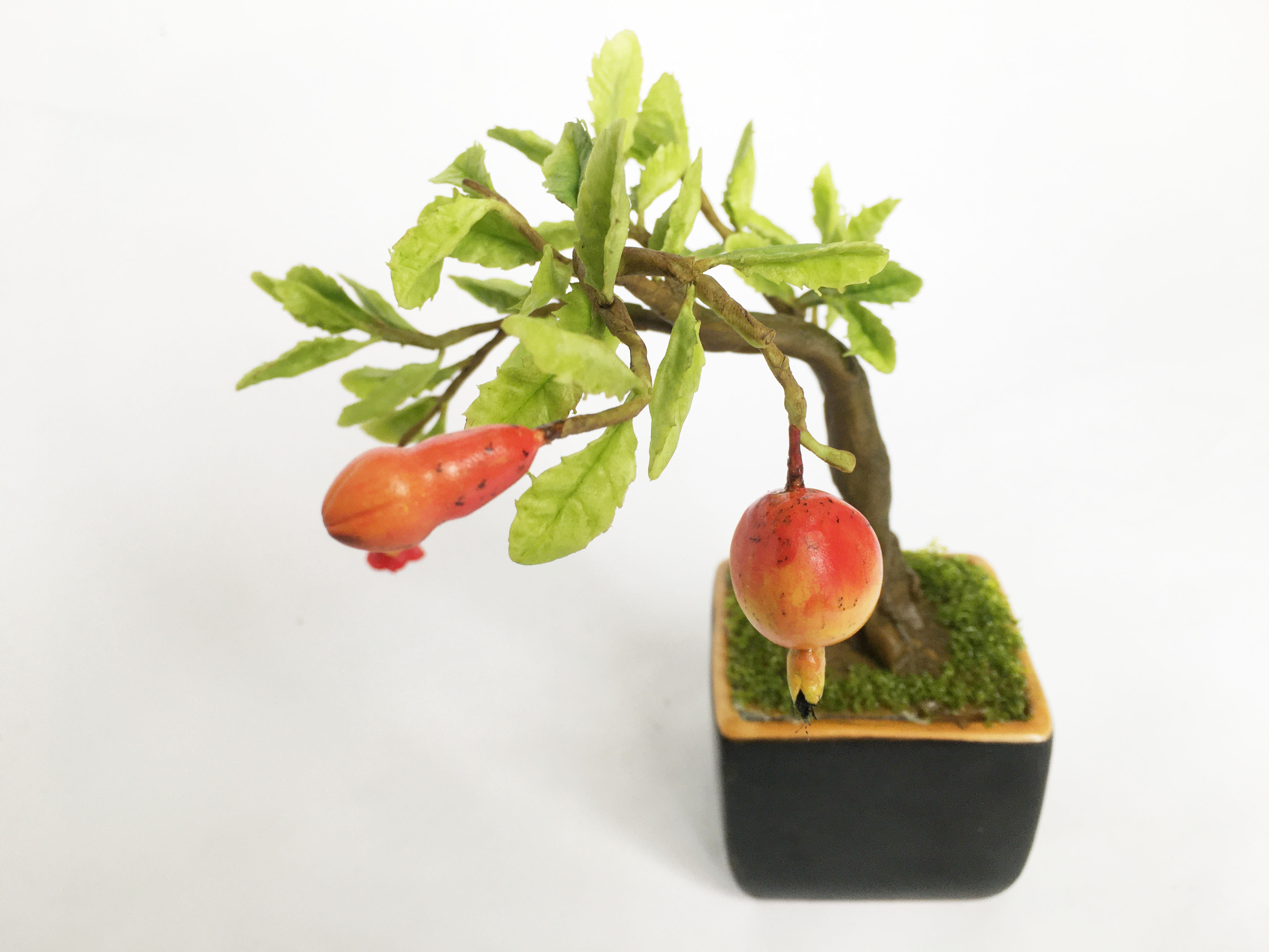 Chậu hoa đất sét mini- Bonsai lựu - Quà tặng trang trí handmade (18x10x10cm)