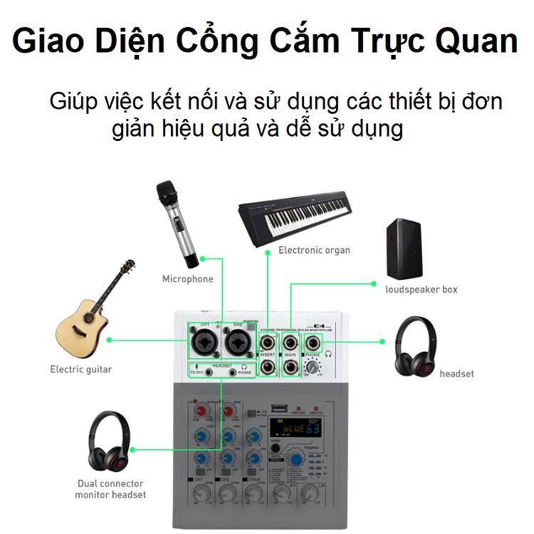 Mixer E4 Bluetooth, Tặng Củ Nguồn, Hát Livestream Karaoke Thu Âm, Bộ Chọn Âm Thanh - Chỉnh reverb - delay - 88 Hiệu Ứng