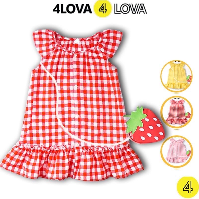 Váy bé gái 4LOVA đũi cotton cánh tiên họa tiết caro cài cúc 8-30 kg