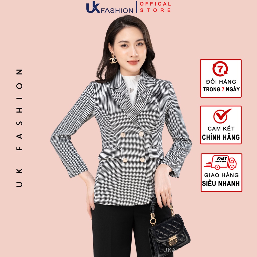 Áo Vest Nữ UK Fashion Vải Hàn Dáng Rông Dày Dặn Kẻ Có 4 Cúc Bọc Tinh Tế Túi Nắp Lịch Sự Hiện Đại UKAK2210003