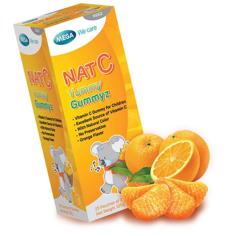 Kẹo dẻo Vitamin C vị cam, tăng đề kháng, giảm cảm cúm, sáng da NAT C YUMMY GUMMYZ (Hộp 25 gói x 2 viên) (Hộp 50 viên)