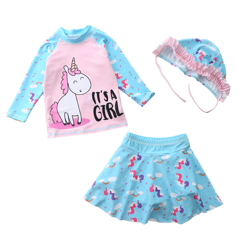 LẺ SIZE 8-12kg | Bộ bơi bé gái áo dài tay &amp; quần váy xinh, kèm mũ chống nắng, chất thun bơi lạnh Lycra dày mịn đẹp | BT17